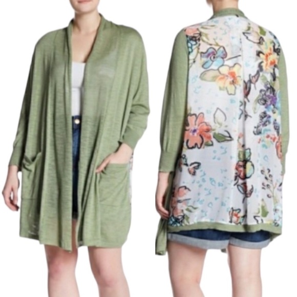 Melissa McCarthy Seven7 Floral Boho Cardigan Open Front Drape Green Fall Sz 2X - Picture 1 of 10